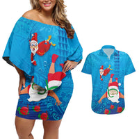 Hawaiian Santa Claus Snorkeling Couples Matching Off Shoulder Short Dress and Hawaiian Shirt Kakau and Polynesian Pattern
