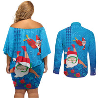 Hawaiian Santa Claus Snorkeling Couples Matching Off Shoulder Short Dress and Long Sleeve Button Shirt Kakau and Polynesian Pattern