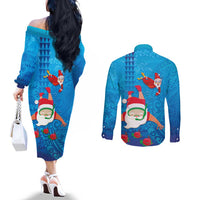 Hawaiian Santa Claus Snorkeling Couples Matching Off The Shoulder Long Sleeve Dress and Long Sleeve Button Shirt Kakau and Polynesian Pattern