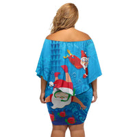 Hawaiian Santa Claus Snorkeling Off Shoulder Short Dress Kakau and Polynesian Pattern
