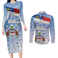 New Zealand Auckland Couples Matching Long Sleeve Bodycon Dress and Long Sleeve Button Shirt Auckland's Flag and Coat of Arms - Koru Art Maori Pattern