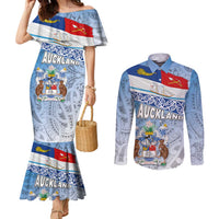 New Zealand Auckland Couples Matching Mermaid Dress and Long Sleeve Button Shirt Auckland's Flag and Coat of Arms - Koru Art Maori Pattern