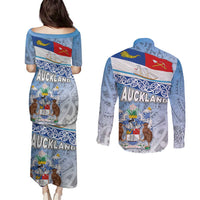 New Zealand Auckland Couples Matching Puletasi and Long Sleeve Button Shirt Auckland's Flag and Coat of Arms - Koru Art Maori Pattern