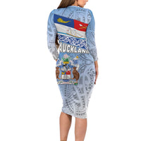 New Zealand Auckland Family Matching Long Sleeve Bodycon Dress and Hawaiian Shirt Auckland's Flag and Coat of Arms - Koru Art Maori Pattern LT03 - Polynesian Pride