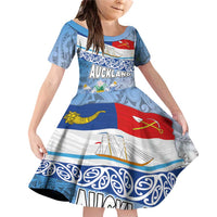 New Zealand Auckland Family Matching Off Shoulder Short Dress and Hawaiian Shirt Auckland's Flag and Coat of Arms - Koru Art Maori Pattern LT03 Daughter's Dress Light Blue - Polynesian Pride