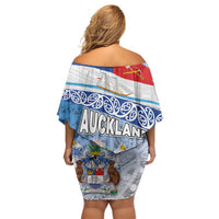 New Zealand Auckland Family Matching Off Shoulder Short Dress and Hawaiian Shirt Auckland's Flag and Coat of Arms - Koru Art Maori Pattern LT03 - Polynesian Pride