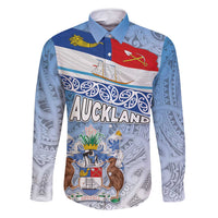 New Zealand Auckland Family Matching Tank Maxi Dress and Hawaiian Shirt Auckland's Flag and Coat of Arms - Koru Art Maori Pattern LT03 Dad's Shirt - Long Sleeve Light Blue - Polynesian Pride