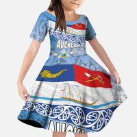 New Zealand Auckland Kid Short Sleeve Dress Auckland's Flag and Coat of Arms - Koru Art Maori Pattern