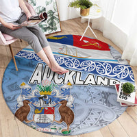 New Zealand Auckland Round Carpet Auckland's Flag and Coat of Arms - Koru Art Maori Pattern