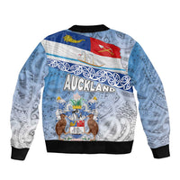 New Zealand Auckland Sleeve Zip Bomber Jacket Auckland's Flag and Coat of Arms - Koru Art Maori Pattern