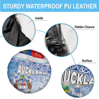 New Zealand Auckland Spare Tire Cover Auckland's Flag and Coat of Arms - Koru Art Maori Pattern