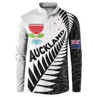 New Zealand Auckland Button Sweatshirt Auckland's Emblem and Silver Ferns - Maori Art Tattoo LT03 Light Blue - Polynesian Pride