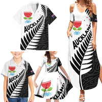 New Zealand Auckland Family Matching Summer Maxi Dress and Hawaiian Shirt Auckland's Emblem and Silver Ferns - Maori Art Tattoo LT03 - Polynesian Pride