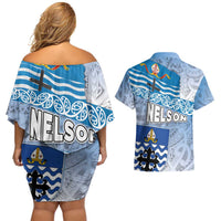 New Zealand Nelson Couples Matching Off Shoulder Short Dress and Hawaiian Shirt Nelson's Flag and Seal - Maori Art Tattoo