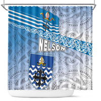 New Zealand Nelson Shower Curtain Nelson's Flag and Seal - Maori Art Tattoo LT03 White - Polynesian Pride