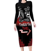 Aotearoa Toitu Te Tiriti Family Matching Long Sleeve Bodycon Dress and Hawaiian Shirt New Zealand Honour the Treaty - Fight Together LT03 Mom's Dress Red - Polynesian Pride
