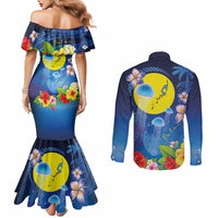 Palau Jellyfish Couples Matching Mermaid Dress and Long Sleeve Button Shirt Ocean Heritage Tropical Plants - Polynesian Pride