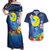 Palau Jellyfish Couples Matching Off Shoulder Maxi Dress and Hawaiian Shirt Ocean Heritage Tropical Plants LT03 Blue - Polynesian Pride