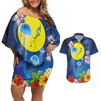 Palau Jellyfish Couples Matching Off Shoulder Short Dress and Hawaiian Shirt Ocean Heritage Tropical Plants LT03 Blue - Polynesian Pride