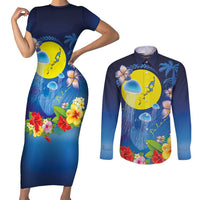 Palau Jellyfish Couples Matching Short Sleeve Bodycon Dress and Long Sleeve Button Shirt Ocean Heritage Tropical Plants - Polynesian Pride