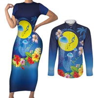 Palau Jellyfish Couples Matching Short Sleeve Bodycon Dress and Long Sleeve Button Shirt Ocean Heritage Tropical Plants LT03 Blue - Polynesian Pride