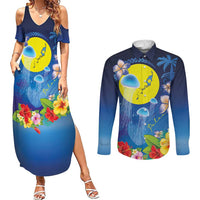 Palau Jellyfish Couples Matching Summer Maxi Dress and Long Sleeve Button Shirt Ocean Heritage Tropical Plants LT03 Blue - Polynesian Pride