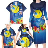 Palau Jellyfish Family Matching Long Sleeve Bodycon Dress and Hawaiian Shirt Ocean Heritage Tropical Plants - Polynesian Pride