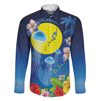 Palau Jellyfish Family Matching Long Sleeve Bodycon Dress and Hawaiian Shirt Ocean Heritage Tropical Plants LT03 Dad's Shirt - Long Sleeve Blue - Polynesian Pride