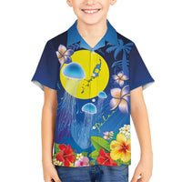 Palau Jellyfish Family Matching Long Sleeve Bodycon Dress and Hawaiian Shirt Ocean Heritage Tropical Plants LT03 Son's Shirt Blue - Polynesian Pride