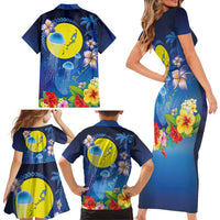 Palau Jellyfish Family Matching Short Sleeve Bodycon Dress and Hawaiian Shirt Ocean Heritage Tropical Plants LT03 - Polynesian Pride
