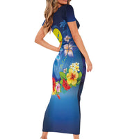 Palau Jellyfish Family Matching Short Sleeve Bodycon Dress and Hawaiian Shirt Ocean Heritage Tropical Plants LT03 Mom's Dress Blue - Polynesian Pride