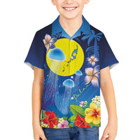 Palau Jellyfish Family Matching Tank Maxi Dress and Hawaiian Shirt Ocean Heritage Tropical Plants LT03 Son's Shirt Blue - Polynesian Pride