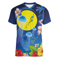 Palau Jellyfish Women V-Neck T-Shirt Ocean Heritage Tropical Plants LT03 Female Blue - Polynesian Pride