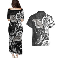 Hawaiian Manta Rays Couples Matching Puletasi and Hawaiian Shirt Tribal Hibiscus Polynesian Tattoos Black Color LT03 - Polynesian Pride