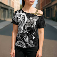 Hawaiian Manta Rays Cross Shoulder Shirt Tribal Hibiscus Polynesian Tattoos Black Color - Polynesian Pride