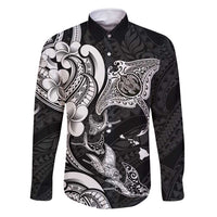 Hawaiian Manta Rays Family Matching Long Sleeve Bodycon Dress and Hawaiian Shirt Tribal Hibiscus Polynesian Tattoos Black Color - Polynesian Pride