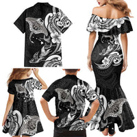Hawaiian Manta Rays Family Matching Mermaid Dress and Hawaiian Shirt Tribal Hibiscus Polynesian Tattoos Black Color - Polynesian Pride