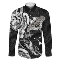 Hawaiian Manta Rays Family Matching Mermaid Dress and Hawaiian Shirt Tribal Hibiscus Polynesian Tattoos Black Color LT03 Dad's Shirt - Long Sleeve Black - Polynesian Pride