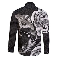 Hawaiian Manta Rays Family Matching Off Shoulder Maxi Dress and Hawaiian Shirt Tribal Hibiscus Polynesian Tattoos Black Color - Polynesian Pride