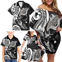 Hawaiian Manta Rays Family Matching Off Shoulder Short Dress and Hawaiian Shirt Tribal Hibiscus Polynesian Tattoos Black Color LT03 - Polynesian Pride