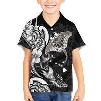 Hawaiian Manta Rays Family Matching Off Shoulder Short Dress and Hawaiian Shirt Tribal Hibiscus Polynesian Tattoos Black Color LT03 Son's Shirt Black - Polynesian Pride