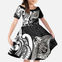 Hawaiian Manta Rays Family Matching Puletasi and Hawaiian Shirt Tribal Hibiscus Polynesian Tattoos Black Color LT03 Daughter's Dress Black - Polynesian Pride