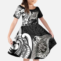Hawaiian Manta Rays Family Matching Short Sleeve Bodycon Dress and Hawaiian Shirt Tribal Hibiscus Polynesian Tattoos Black Color LT03 Daughter's Dress Black - Polynesian Pride