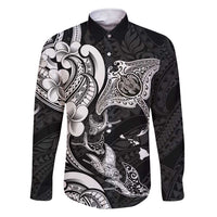 Hawaiian Manta Rays Family Matching Short Sleeve Bodycon Dress and Hawaiian Shirt Tribal Hibiscus Polynesian Tattoos Black Color LT03 Dad's Shirt - Long Sleeve Black - Polynesian Pride