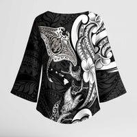 Hawaiian Manta Rays Kimono Sleeve Blouse Tribal Hibiscus Polynesian Tattoos Black Color - Polynesian Pride