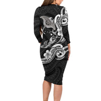 Hawaiian Manta Rays Long Sleeve Bodycon Dress Tribal Hibiscus Polynesian Tattoos Black Color - Polynesian Pride