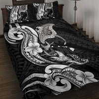 Hawaiian Manta Rays Quilt Bed Set Tribal Hibiscus Polynesian Tattoos Black Color - Polynesian Pride