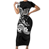 Hawaiian Manta Rays Short Sleeve Bodycon Dress Tribal Hibiscus Polynesian Tattoos Black Color LT03 Long Dress Black - Polynesian Pride