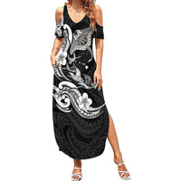 Hawaiian Manta Rays Summer Maxi Dress Tribal Hibiscus Polynesian Tattoos Black Color - Polynesian Pride