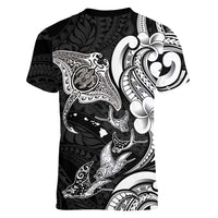 Hawaiian Manta Rays Women V-Neck T-Shirt Tribal Hibiscus Polynesian Tattoos Black Color LT03 - Polynesian Pride